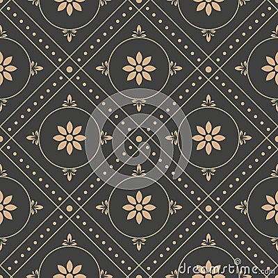 Vector damask seamless retro pattern background round geometry check cross frame dot line flower. Elegant luxury brown tone design Vector Illustration