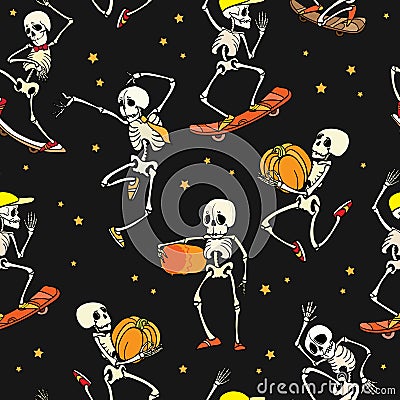 Vector dancing and skateboarding skeletons Haloween repeat pattern background. Great for spooky fun party themed fabric Vector Illustration