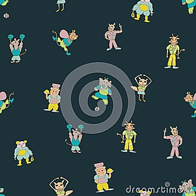Vector dark blue fun anthromorph cartoon characters seamless pattern background Vector Illustration
