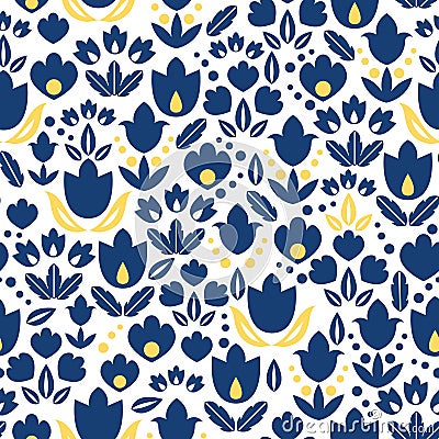Vector dark blue navy and yellow tulips flowers seamless repeat pattern bacgkround design. Great for springtime greeting Vector Illustration