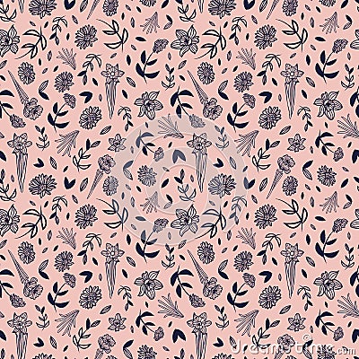 Vector dark blue pink floral seamless pattern Vector Illustration