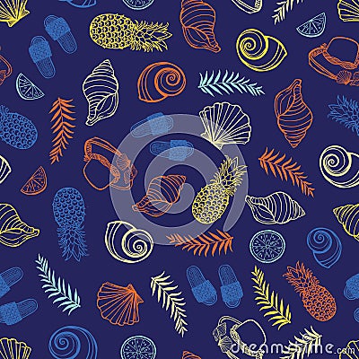 Vector dark blue tropical beach pattern with seashells, pinapples and hats. Perfect for fabric, scrapbooking, wallpaper Vector Illustration