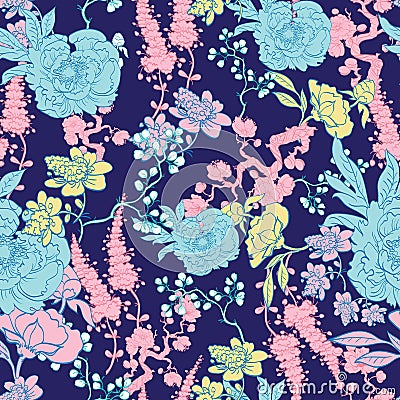 Vector Dark Blue Yellow Pink Kimono Floral Vector Illustration