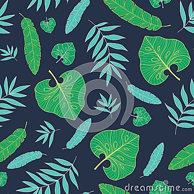 Vector dark tropical summer hawaiian seamless pattern with tropical green plants and leaves on navy blue background Vector Illustration