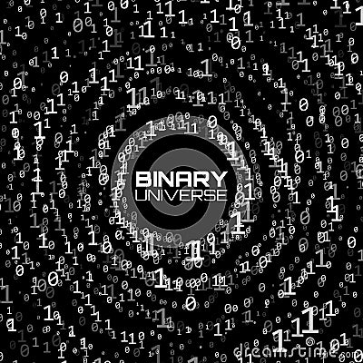 Vector data flow visualization. Grayscale big data flow as binary numbers strings twisted in infinity tunnel. Vector Illustration