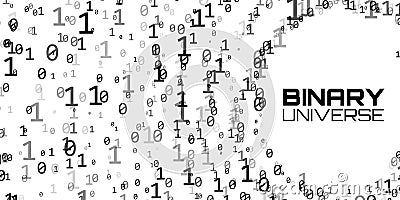 Vector data flow visualization. Grayscale big data flow as binary numbers strings twisted in infinity tunnel. Vector Illustration