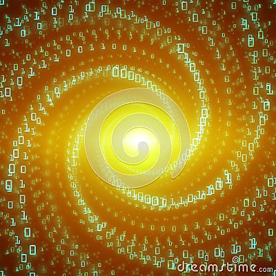 Vector data flow visualization. Green big data flow as binary numbers strings twisted in infinity tunnel. Vector Illustration