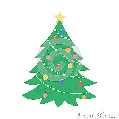 Vector decorated Christmas tree isolated on white background. Cute funny illustration of new year symbol. Flat style picture of Vector Illustration