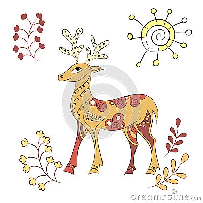Vector decorated deer with nature elements Vector Illustration