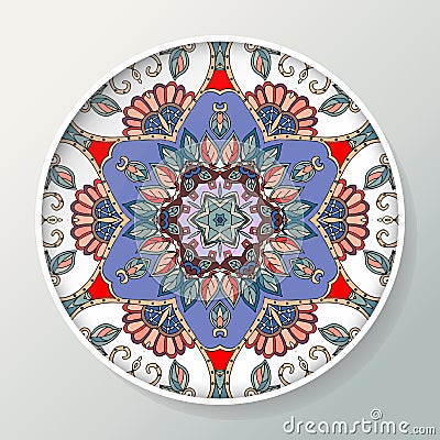 Vector decorative ceramic plate with round mandala pattern Vector Illustration