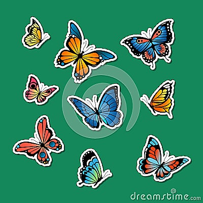 Vector decorative colored butterflies stickers set illustration Vector Illustration