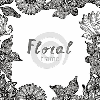 Vector decorative frame with flowers. Hand drawing. Vector Illustration