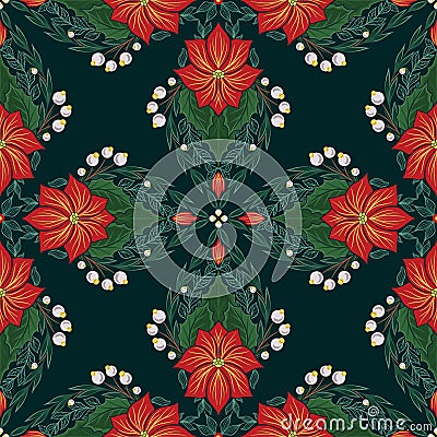 Vector decorative pattern with kaleidoscope poinsettia. Seamless festive tracery texture with Christmas flowers with foliage Stock Photo