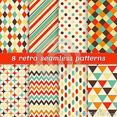 Vector decorative set of 8 retro seamless patterns Stock Photo