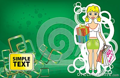 Vector decorative woman with big bag for purchase on background with ornamental elements Vector Illustration