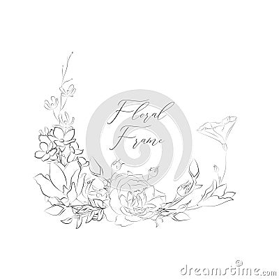 Vector Delicate Floristic Frame with Flowers, Branches Vector Illustration