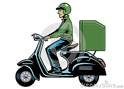 Delivery man courier riding old scooter Vector Illustration