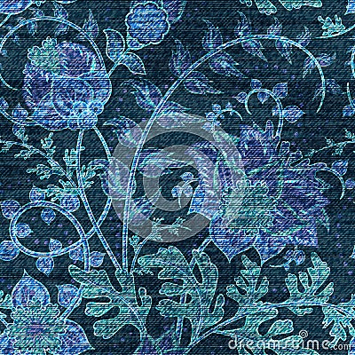 Vector Denim floral seamless pattern. Jeans background with Rose flowers. Blue cloth Vector Illustration