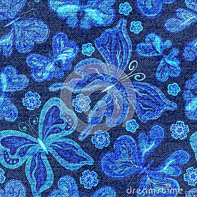 Vector Denim seamless pattern. Jeans background with Butterflies. Blue jeans cloth background Vector Illustration