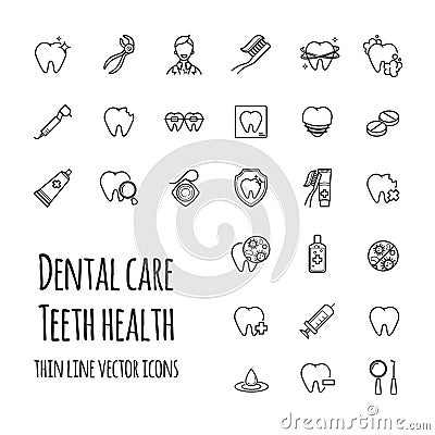 Vector dental care icons set. Thin line icons of teeth health, dentistry, medicine Vector Illustration
