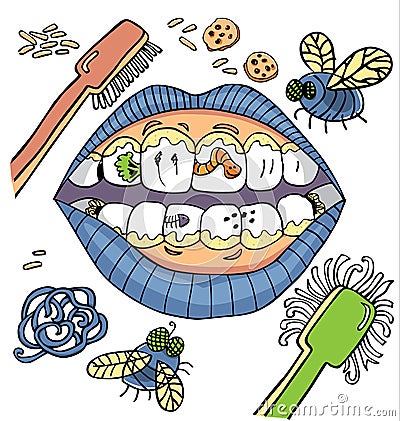 Vector dental hygiene humour with mouth showing dirty teeth with worms and plaque and vegetables. Vector Illustration
