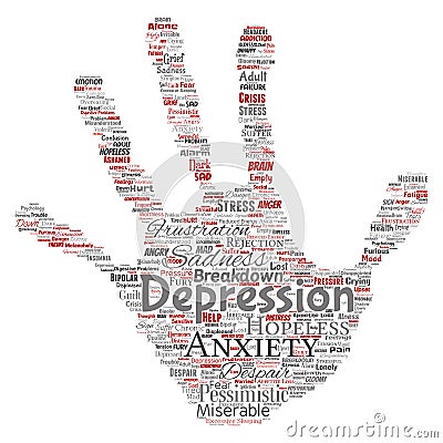 Vector depression or mental emotional disorder problem hand print stamp word cloud isolated background. Collage of anxi Vector Illustration