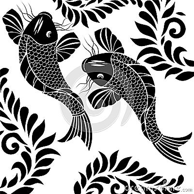 Vector design art of black fish with leafs bail around both the fish. Stock Photo