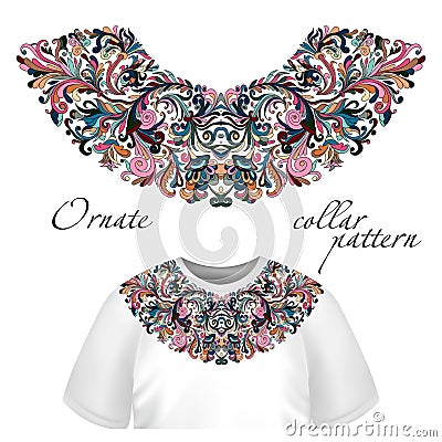 Vector design for collar t-shirts and blouses. Colorful ethnic flowers neck line. Embroidery for Fashion Vector Illustration