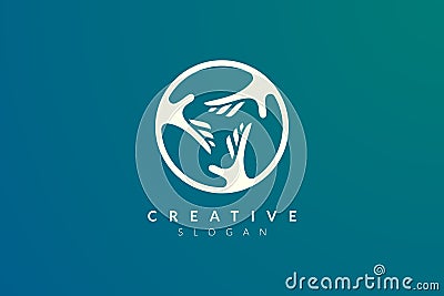 Vector design of a combination of circle letters with three hands reaching together Vector Illustration