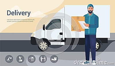 Vector design concept with illustration of a bearded courier man from a cargo delivery service Vector Illustration