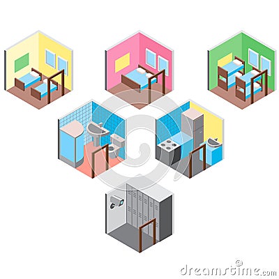 Isometric hostel rooms set vector illustration Vector Illustration