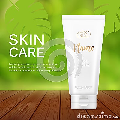 Vector design of cosmetic package advertising template for hand or face cream. Mock up tube on green background with Vector Illustration