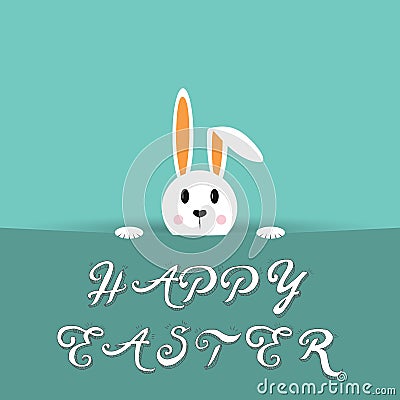 Vector design with Eastern hiding Bunny and text Happy Eastern. Card for celebration. Vector Illustration