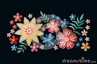Vector design with embroidery colorful ethnic flowers. Embroidered composition for fashion prints Vector Illustration
