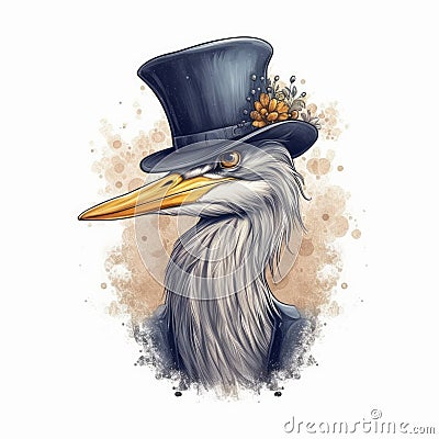Cute Heron With Tiny Top Hat T-shirt Design Stock Photo
