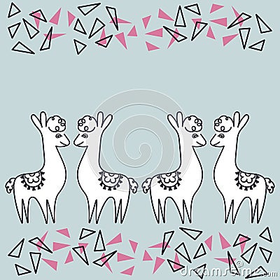 Alpaca or llamas on blue background ,hand drawing abstract elements Stock Photo