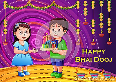 Indian kids celebrating Happy Bhai Dooj on colorful art style background of India Vector Illustration