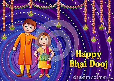 Indian kids celebrating Happy Bhai Dooj on colorful art style background of India Vector Illustration