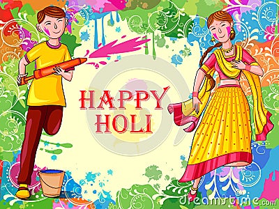 Indian people celebrating color festival of India Holi Vector Illustration