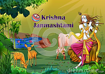 Lord Krishna on Happy Janmashtami holiday festival background Vector Illustration