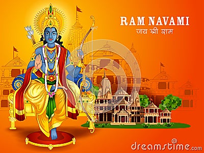 Lord Rama for India festival Happy Ram Navami background with Hindi greetings Jai Shree Ram meaning Victory to Lord Ram Vector Illustration