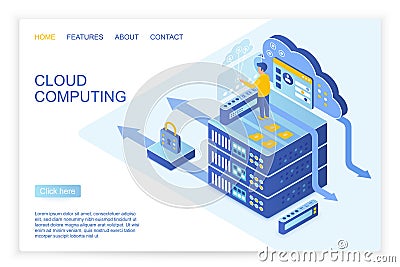 Vector design of person operating with secured data on starting page of cloud computing, big data website isometric Vector Illustration