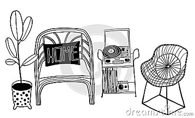 Vector design set:house plant, two armchairs and record player Vector Illustration