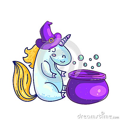 Creative Halloween unicorn in witch hat Vector Illustration