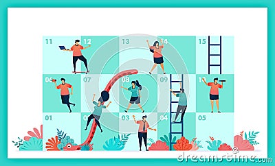 Vector design of Snakes and ladder in collaboration and teamwork. challenges in business. Player contributions teamwork to complet Vector Illustration