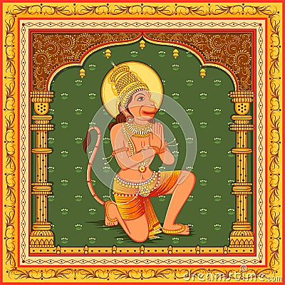 Statue of Indian Lord Hanuman with vintage floral frame background Vector Illustration