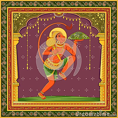 Statue of Indian Lord Hanuman with vintage floral frame background Vector Illustration