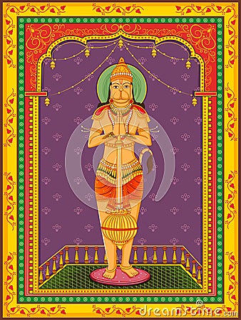 Statue of Indian Lord Hanuman with vintage floral frame background Vector Illustration