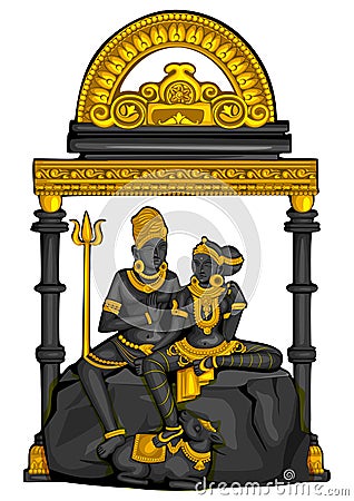 Vintage statue of Indian Lord Shiva Parvati sculpture engraved on stone Vector Illustration