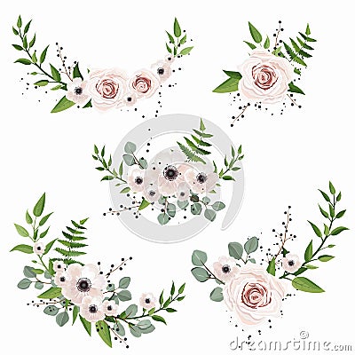 Vector designer elements set collection of green forest leaves, and flowers in watercolor style. Vector Illustration